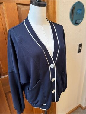 Varley Doublesoft Navy V-Neck Decker Off Cardigan Sweater with Contrast Trim